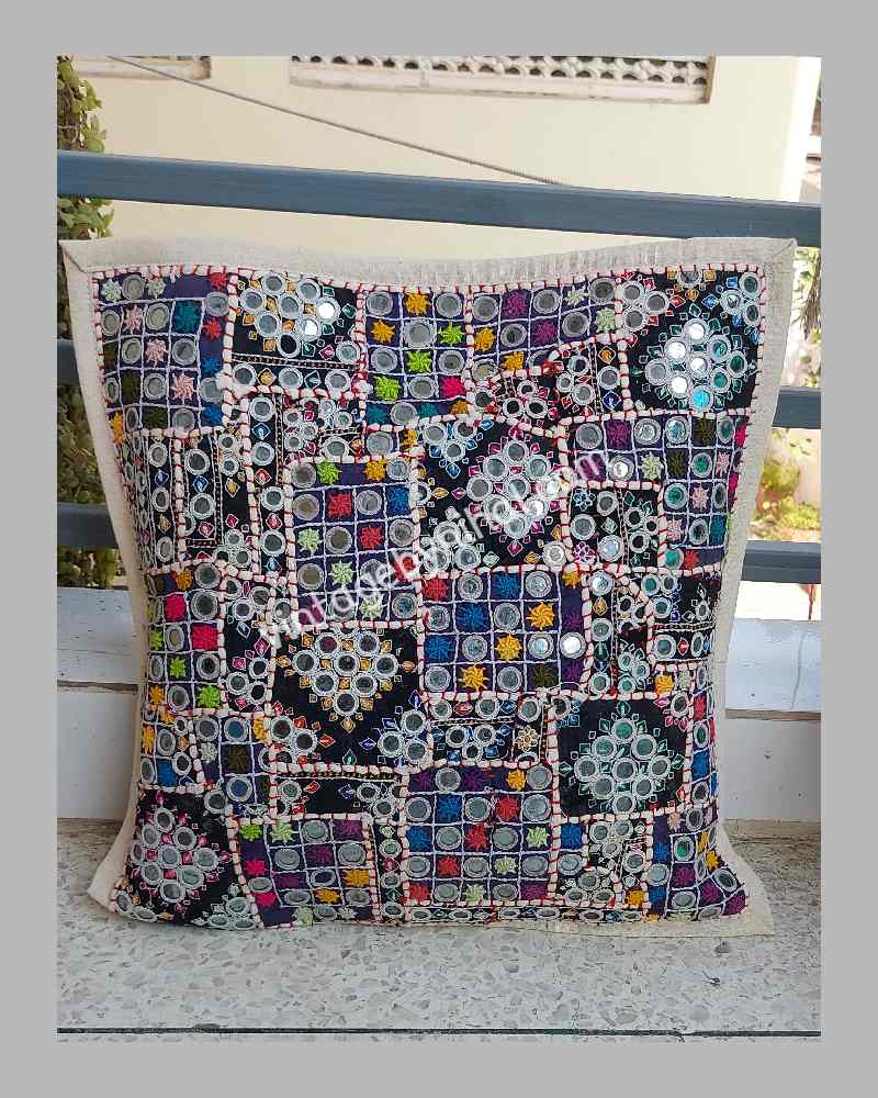 Vintage Mirror work Hand Embroidered Patchwork Cushion Cover 